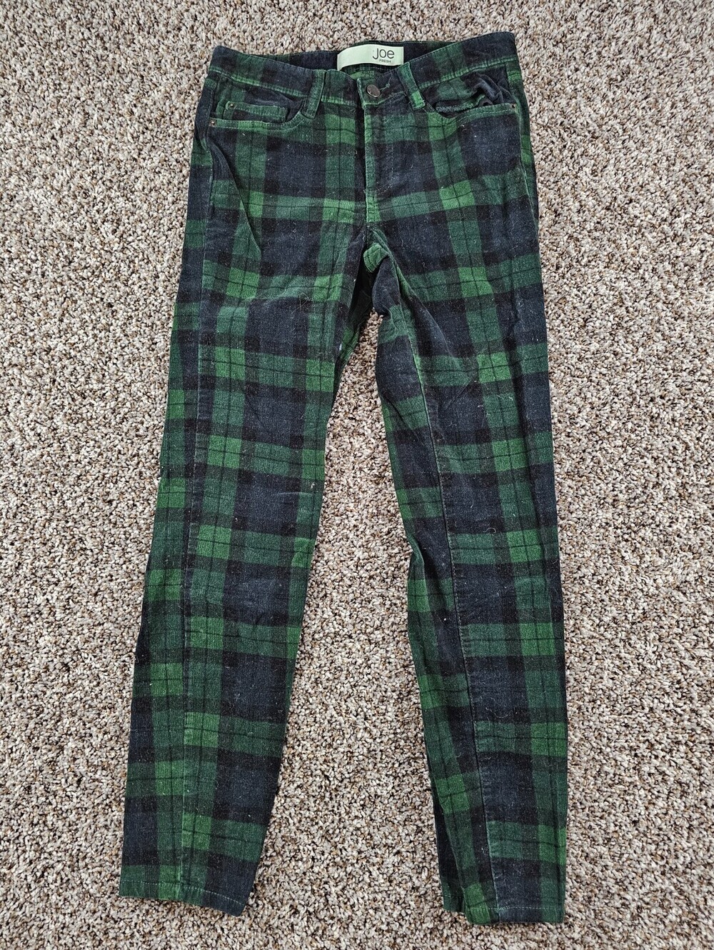 Joe Fresh Womens Sz 2 Slim Leg Velvet Pants Blue Green Plaid